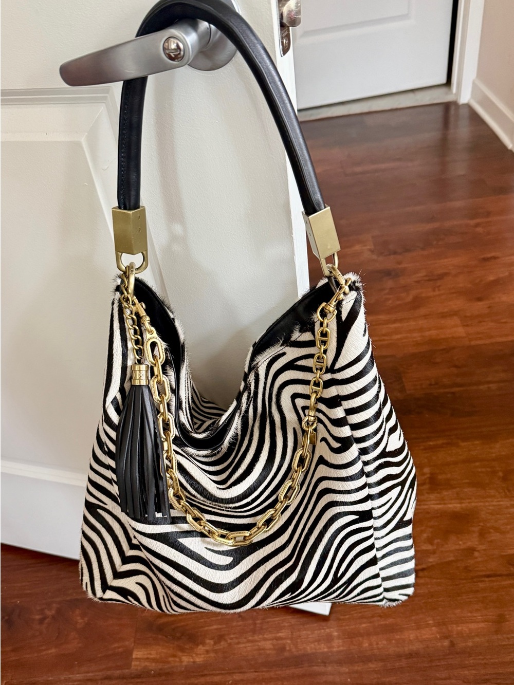 Zebra Print Hobo Bag with Black Handle